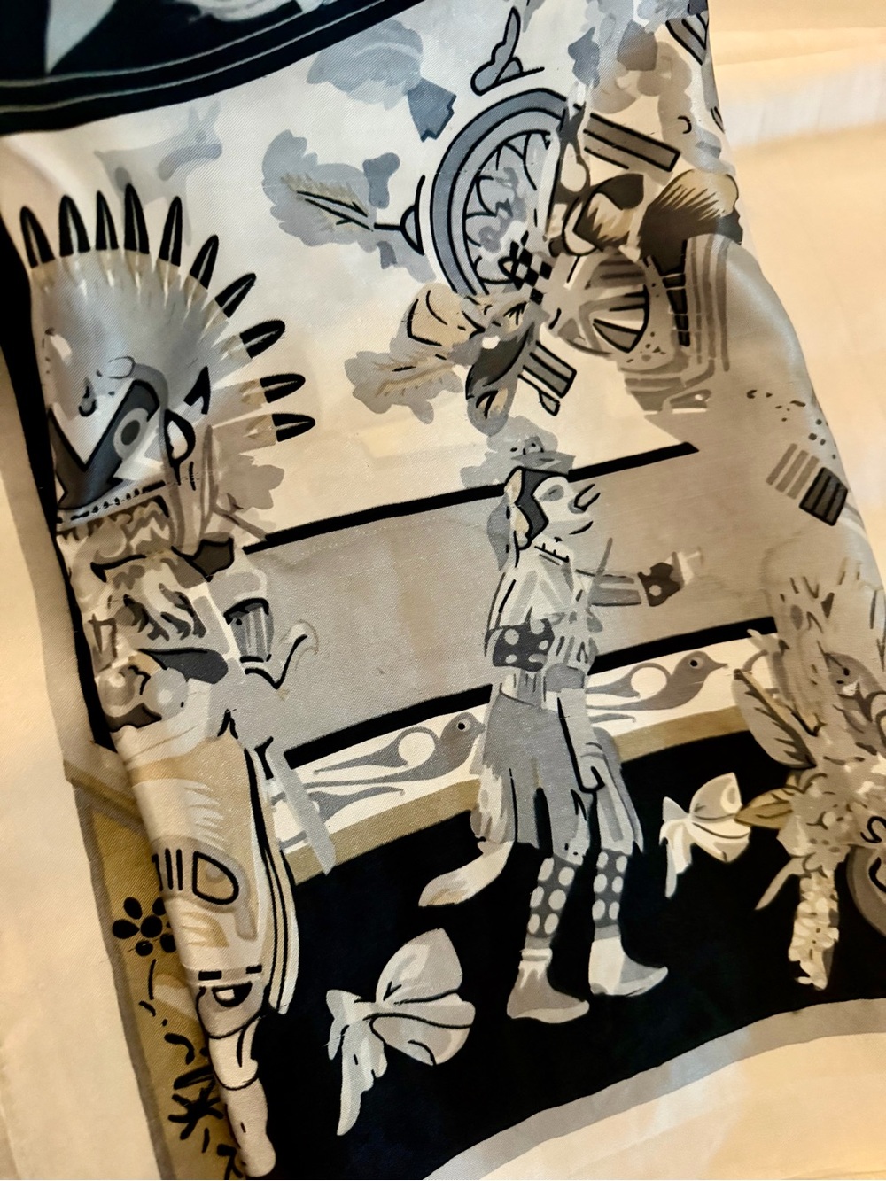 Hermes Kachinas Black, White & Gray Decorative Scarf with Tribal Motif - Picture 8 of 13